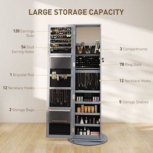 Armadio Portagioie Girevole a 360 Gradi Grigio con Specchio a Figura Intera e Ripiani Portaoggetti, Chiudibile a Chiave - Product Image 6