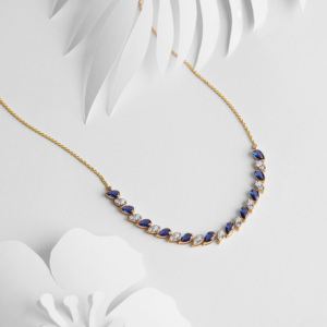 Collier en or jaune 14 carats avec chaîne à maillons, 11 pierres bleues synthétiques en forme de poire, 0,316 ct, diamants FG SI, bijoux fins pour femmes, cadeau - Product Image 1