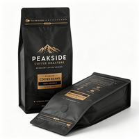 Sacs à café personnalisés à fond plat noir mat avec valve de dégazage et fermeture éclair à languette pour l'emballage des grains de café