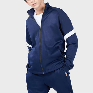 Men's Navy Blue Tracksuit Full <b>Zip</b> Solid Color Sporty Autumn Wear Regular Fit With Side Pockets Polyester Cotton Blend - Product Image 5
