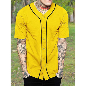 Maillot de baseball jaune avec passepoil noir, classique, boutonné, manches courtes, en tissu mesh respirant, unisexe adulte, vente en gros, personnalisable - Product Image 4