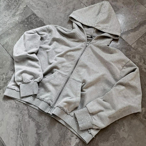 Nouveau sweat à capuche d'hiver surdimensionné personnalisé avec strass, en molleton épais, style streetwear, zippé, pour homme, OEM/ODM, 100% coton, impression numérique - Product Image 4