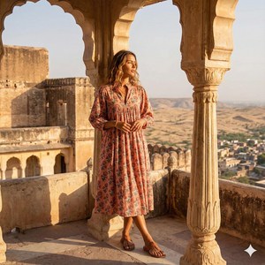 Robe midi élégante bohème multicolore à fleurs, en coton fait main, avec col en V et imprimé ethnique, robe d'été décontractée - Product Image 4