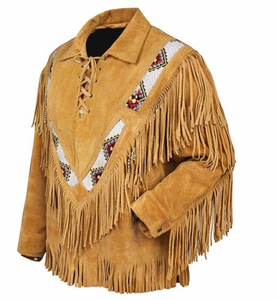 Mens Tan <b>Suede</b> Western Fringe Shirt Native Western Beaded Lace Up Cowboy <b>Jacket</b> with long sleeve Low MOQ Reasonable Price - Product Image 1