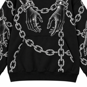 Sudadera con Capucha Negra para Hombre, con Cadena de Diamantes de Imitación y Estampado a Mano, Estilo Urbano Oversize, 100% Algodón Tejido Transpirable, 350g, para Otoño - Product Image 4