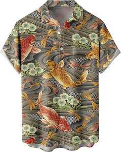 เสื้อเชิ้ตฮาวายแขนสั้นลำลองสำหรับผู้ชาย ลายปลาคาร์ฟและคลื่นหลากสีสัน น้ำหนักเบา ระบายอากาศได้ดี เหมาะสำหรับใส่ไปเที่ยวชายหาดในฤดูร้อน - Product Image 1