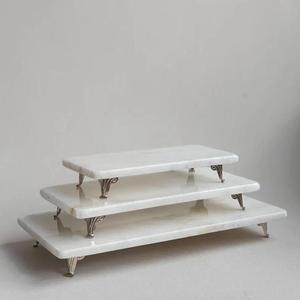 Juego de 2 Soportes para Pastel de Mármol Blanco con Pedestal de Madera, Soporte Elegante para Postres y Alimentos, Elevadores para Pastel de Boda - Product Image 2