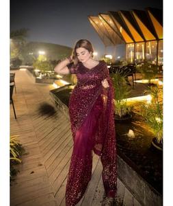 Sari indio de tela de red con lentejuelas y bordados Dori, ideal para fiestas y festivales, colección de saris para mujer a bajo precio. - Product Image 1