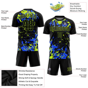 Ensemble de maillots de football personnalisés pour hommes, noir, bleu néon, impression sublimée, manches longues, tissu respirant, coupe athlétique, service OEM - Product Image 4