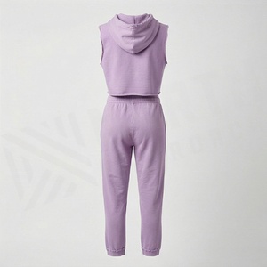Conjunto de Top Corto sin Mangas con Capucha y Pantalones Jogger para Mujer, Color Lavanda Sólido, Informal, de Felpa, Dos Piezas, para Primavera/Verano - Product Image 2