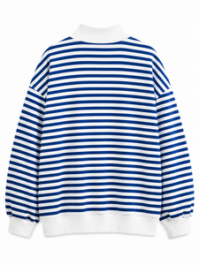 Sweat-shirt rayé à col rond pour femme avec appliqué lettre USA, bleu et blanc, décontracté, à manches longues, tricoté, pour le printemps - Product Image 4
