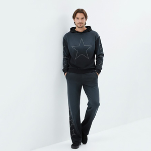 Custom Dark Grey Star Rhinestone Zip Hoodie & Flare Jogger Tracksuit Heavyweight 100% Cotton 400 GSM Fleece Tracksuit Unisex - Product Image 3