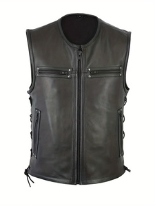 Chaleco sin mangas de cuero negro para hombre con bolsillos con cremallera, cordones laterales, estilo motociclista, patchwork, para todas las estaciones, marca Guruna - Product Image 6