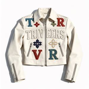 Women’s Premium <b>White</b> Leather <b>Jacket</b> Custom Embroidered Patch Cropped Fashion <b>Biker</b> <b>Jacket</b> OEM ODM Manufacturer - Product Image 1