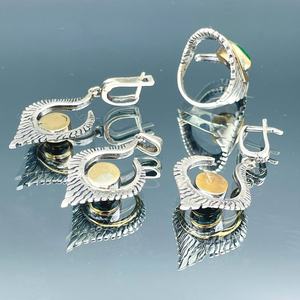 Ladies Green Tourmaline Sterling Silver 14K Gold Plated Jewelry Set Ottoman Boho Style Ring Earrings <b>Necklace</b> Gift - Product Image 2