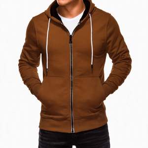 Sweat à capuche décontracté marron pour homme, zippé, 100 % coton, respirant, coupe-vent, idéal pour la gym, l'entraînement, la course à pied, le fitness, avec poches. - Product Image 3
