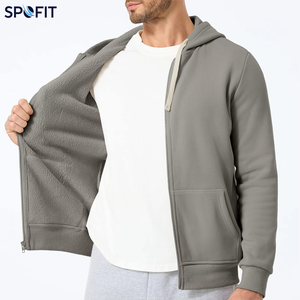 Sweat-shirt à capuche zippé gris en molleton épais pour homme, coupe classique, couleur unie, idéal pour l'automne – Vente en gros personnalisée - Product Image 3