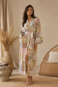 Peignoir Kimono de Luxe Écologique 100% Coton à Imprimé Floral pour Femme, à Manches Longues, avec Ceinture et Poches, Idéal pour l'Hiver et la Détente - Product Image 1