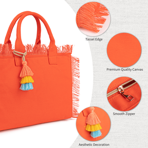 Borsa Tote in Tela con Motivo a Tinta Unita per Donna, con Manico Superiore a Nappina e Chiusura con Cerniera - per Lavoro, Viaggi, Spiaggia, Palestra e Shopping - Product Image 4