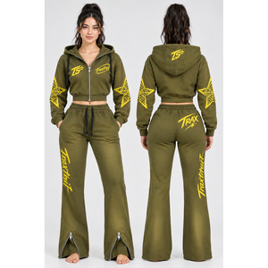 Conjunto Deportivo de 2 Piezas para Mujer, Sudadera Corta con Cremallera, Pantalones Deportivos Anchos con Franja Lateral, Estilo Jogger Holgado, Poliéster/Algodón, Negro - Product Image 1