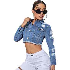 New Design Women's <b>Crop</b> <b>Top</b> Casual Ripped Holes Short Raw Hem Knitted Light <b>Blue</b> Colour Button Up Denim <b>Tops</b> - Product Image 3
