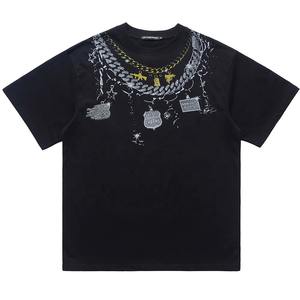 T-shirt Homme Noir Graphique en Coton Lourd Surdimensionné Style Hip Hop avec Collier Imprimé Numérique DTG – Vente en Gros - Product Image 1