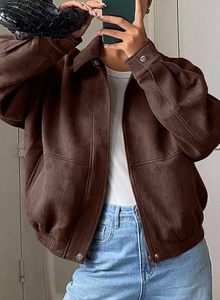 <b>Women's</b> Brown PU <b>Suede</b> Woven Bomber Jacket Full Sleeve Turn-down Collar Zipper Closure Front Logo Autumn Style Waterproof - Product Image 6