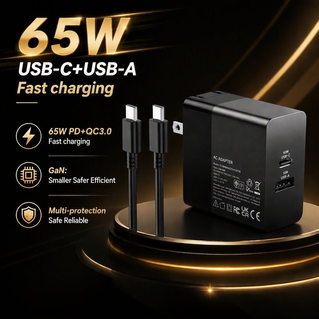 65W USB-C Fast Charger PD 3.0 GaN Wall Adapter with Cable Type-C + USB-A Power Adapter for Laptop MacBook iphone