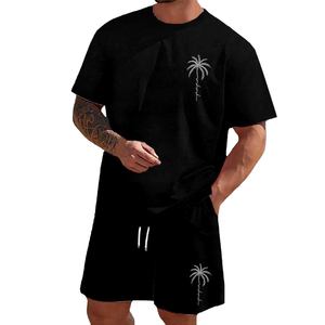 Conjunto de Camiseta y Pantalones Cortos de Algodón Negro para Hombre AL SWANS INTERNATIONAL, Estampado de Palmeras, Estilo Casual de Verano, Cuello Redondo, Tejido Transpirable - Product Image 4