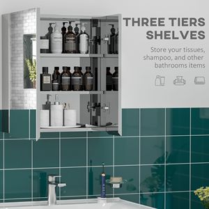 Armadietto da Bagno a 3 Ripiani in Argento con Ante a Battente e Specchio, Mobile da Parete - Product Image 4