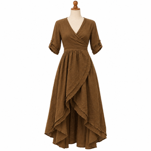Womens Wrap <b>Maxi</b> <b>Dress</b> V Neck Puff Sleeve Gathered Waist Asymmetric Hem Flowy Boho Casual Beach Vacation Wear | Elegant Style - Product Image 1