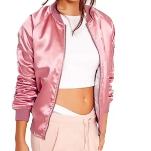 Chaqueta Bomber Rosa Satinada con Cierre de Cremallera, Corta, Informal, de Color Sólido, Material de Poliéster, Unisex, para Primavera - Product Image 1