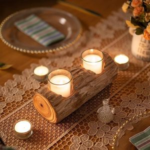 Rustic Wooden Log <b>Tealight</b> Candle <b>Holder</b> Decorative Table Centerpiece with Glass Votive Cups - Product Image 5
