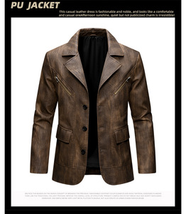 Men's Brown Leather <b>Jacket</b> Full Sleeve Autumn Style Coat with Zipper Pockets Zip up Simple Outdoor Casual Wea - Product Image 4
