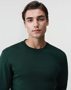 T-shirt à manches longues pour homme, vert foncé, col rond, coupe classique, décontracté, en coton tricoté respirant, haut uni de haute qualité - Product Image 4