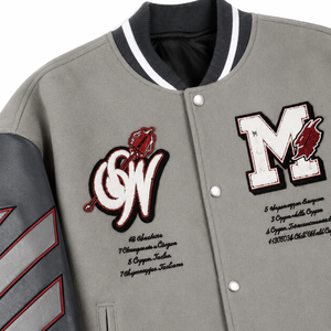 <b>Men's</b> Gray PU Varsity <b>Jacket</b> with Embroidered Logo and Lettering Preppy Style Autumn Wear - Product Image 3
