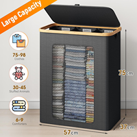 Panier à linge de grande capacité 160L avec couvercle, panier à linge à 3 compartiments, fenêtre de ventilation, sac intérieur amovible, cadre en bambou pliable
