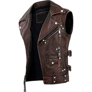 Gilet de motard vintage marron en cuir véritable pour homme, veste asymétrique à fermeture éclair, style punk, fabricant OEM - Product Image 3