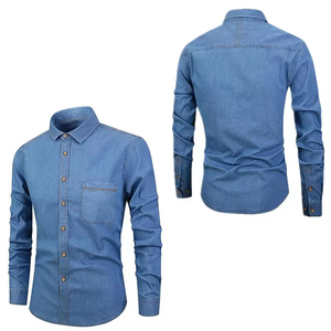 Customize Denim Shirt Men Solid Color Turn-down Collar Full Sleeve Washed Cotton Casual Shirts Spring Breathable Style - Product Image 4