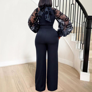 SE10650 Mono de mujer de talla grande con cuello redondo, manga acampanada de malla, ajuste ceñido, cinturón y cintura alta, de poliéster, estilo africano de pierna ancha, para verano - Product Image 2