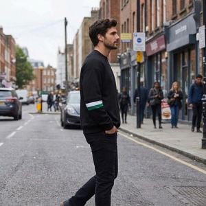 Custom Sleeve Striped Sweatshirt <b>Mens</b> Polyester <b>Fleece</b> Ribbed Crewneck Drop Shoulder Casual Oversized Pullover Spring Outerwear - Product Image 4