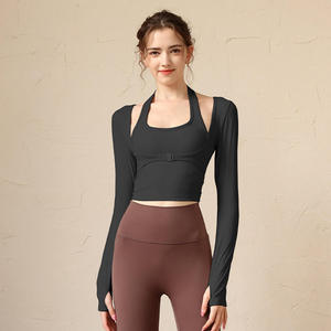 Women's Halter Neck Long Sleeve Crop Top Fitted Breathable Spandex <b>Polyester</b> Solid Color All Seasons Sportwear - Product Image 2