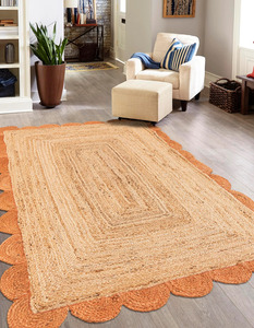 Handcrafted Natural Orange Scalloped Jute Area Rug Braided Farmhouse Carpet Boho Living Room Floor <b>Mat</b> - Product Image 1
