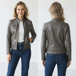 เสื้อแจ็คเก็ตหนัง PU สำหรับผู้หญิง คอตั้ง แขนยาว ปิดด้วยซิป เสื้อแจ็คเก็ตมอเตอร์ไซค์ ฤดูใบไม้ร่วง ฤดูหนาว มีกระเป๋าที่อก - Product Image 5