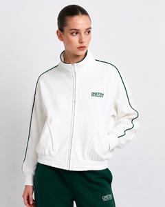 ONETEN <b>Women's</b> White Fleece Track <b>Jacket</b> Full Zip Hooded Collar Embroidered Logo Front Casual Winter Wear Quick Dry - Product Image 6
