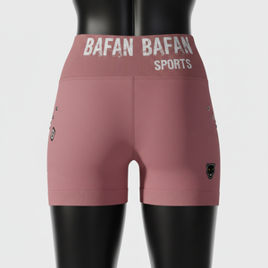 Shorty en tissu extensible doux 230 GSM en poly-spandex rose poudré, taille croisée côtelée, logo personnalisé. - Product Image 2