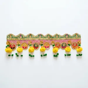 Beautiful Indian Bandhanwar with Intricate Embroidery Colorful Ornaments Yellow Flowers and Green Beaded Tassels - Product Image 4