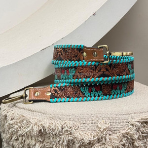 สายหนังทำมือสไตล์วินเทจเรียกลายดอกไม้และกระบองเพชรมีอุปกรณ์แฮนด์เมดสำหรับกระเป๋าสายหนังแท้พร้อมตะขอทองเหลืองโบราณ - Product Image 5