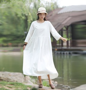 Robe longue en coton pour femmes, coupe ample, manches longues, couleur unie, blanche, style bohème, robe longue décontractée - Product Image 1