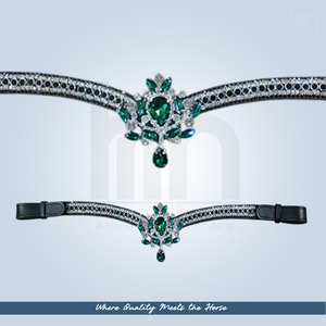 Couronne de luxe en cristal vert émeraude à 5 rangs, en forme de V, pour fronture de cheval, en cuir rembourré personnalisé, faite à la main, élégante, pour dressage - Product Image 3